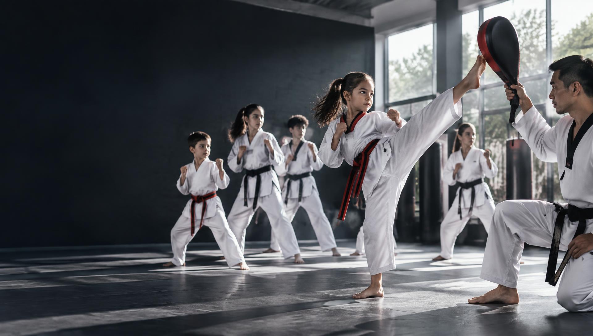Young Taekwondo student practicing a kick with an instructor