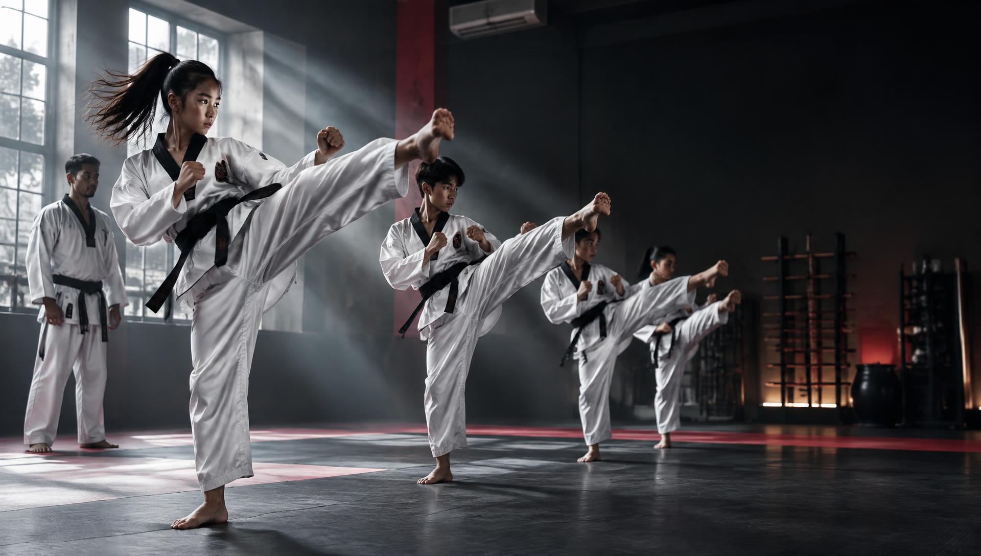 Taekwondo students practicing disciplined kicking drills